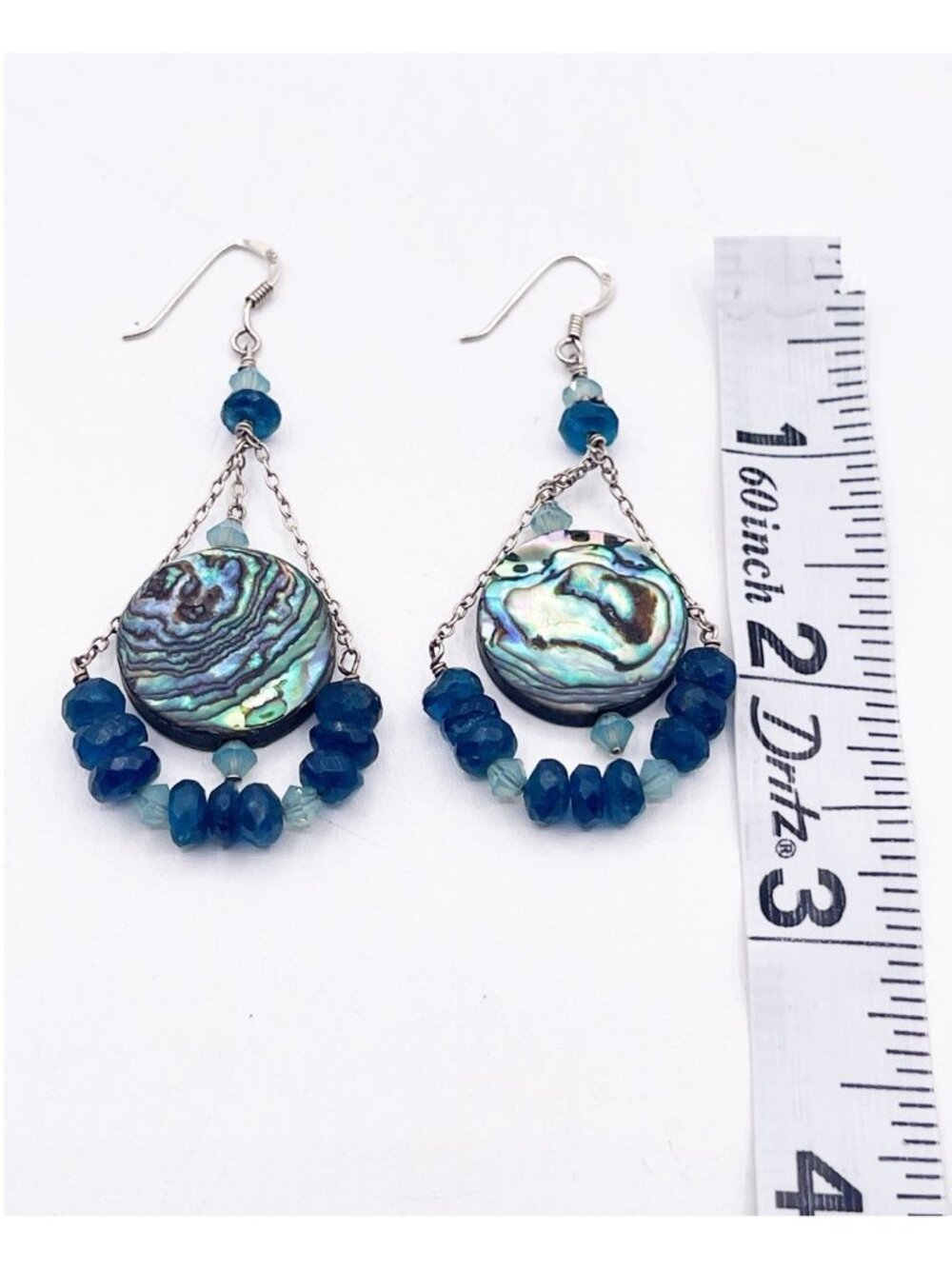 Vintage Abalone Blue Glass Beaded Boho Earrings Dangle 925 Sterling Silver Hooks - Picture 5 of 7